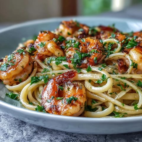 Succulent Shrimp Scampi Linguine with white wine sauce, parsley, and lemon zest.