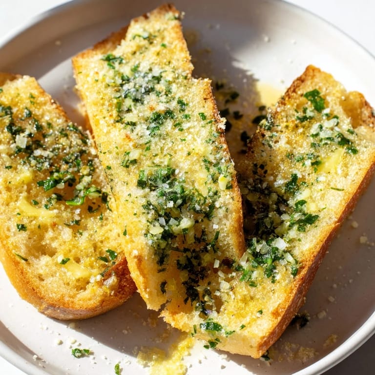 Freshly baked garlic bread, spread with herbed garlic butter, offering a delightful aroma and taste.