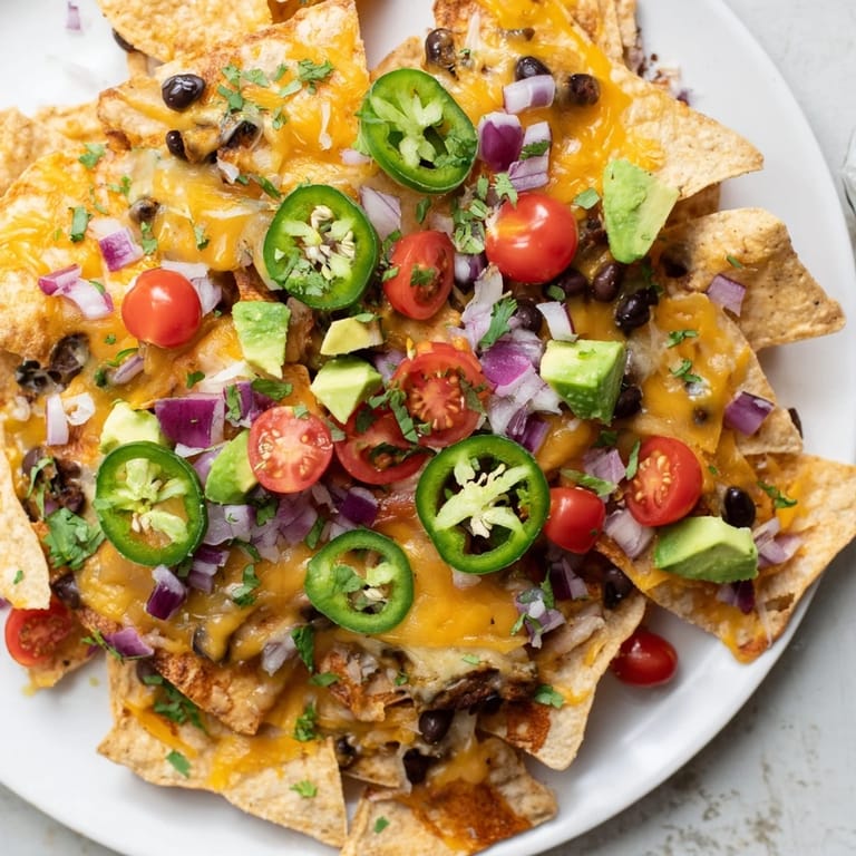 Enjoy vibrant, cheesy nachos: crispy chips piled high with black beans and flavorful ingredients.