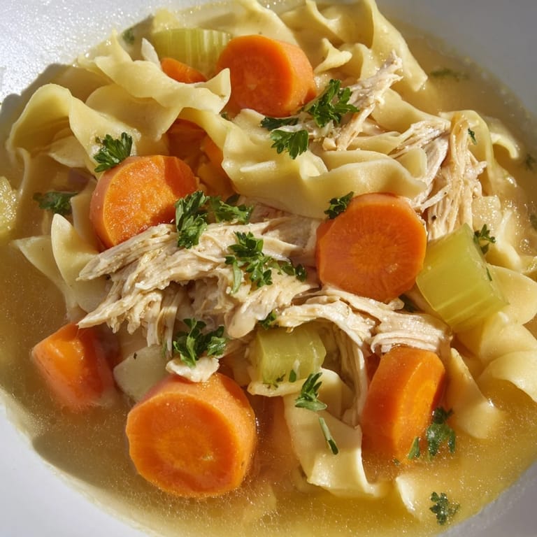 Homemade Chicken Noodle Soup ready to eat, served with fresh parsley for a comforting experience.