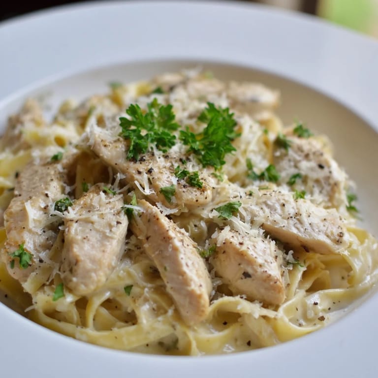 Savory fettuccine Alfredo served hot, with optional chicken, fresh parsley, and extra cheese on top.
