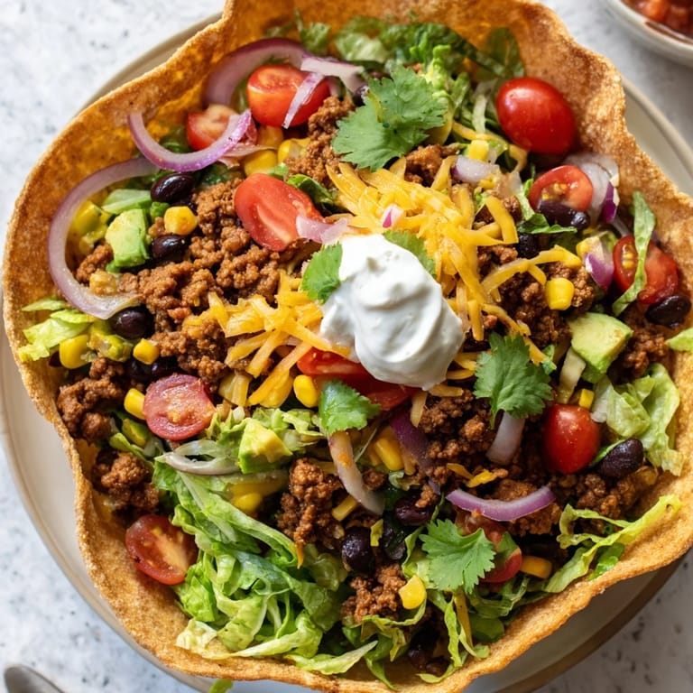 Imagine a close-up of this flavorful taco salad, ready to be enjoyed with family.