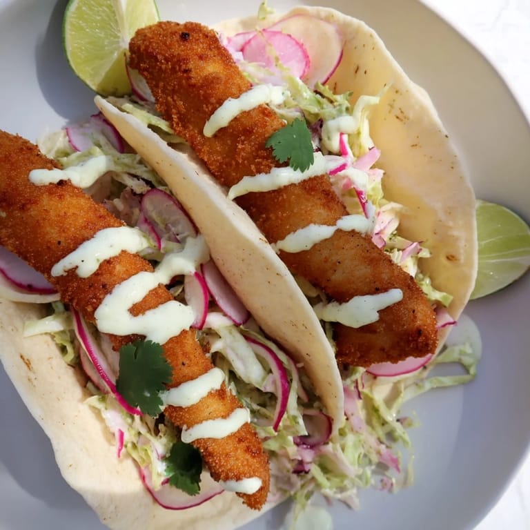 Close-up of perfectly cooked fish tacos, showcasing a layered combination of fresh ingredients and flavors.