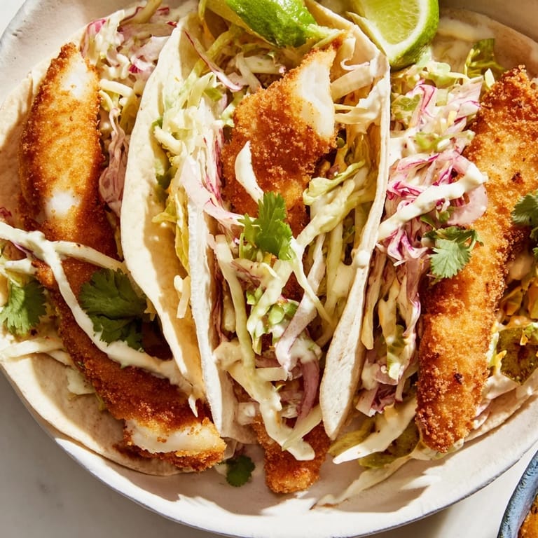 A delicious plate of homemade fish tacos, served with lime wedges, perfect for a flavorful meal.