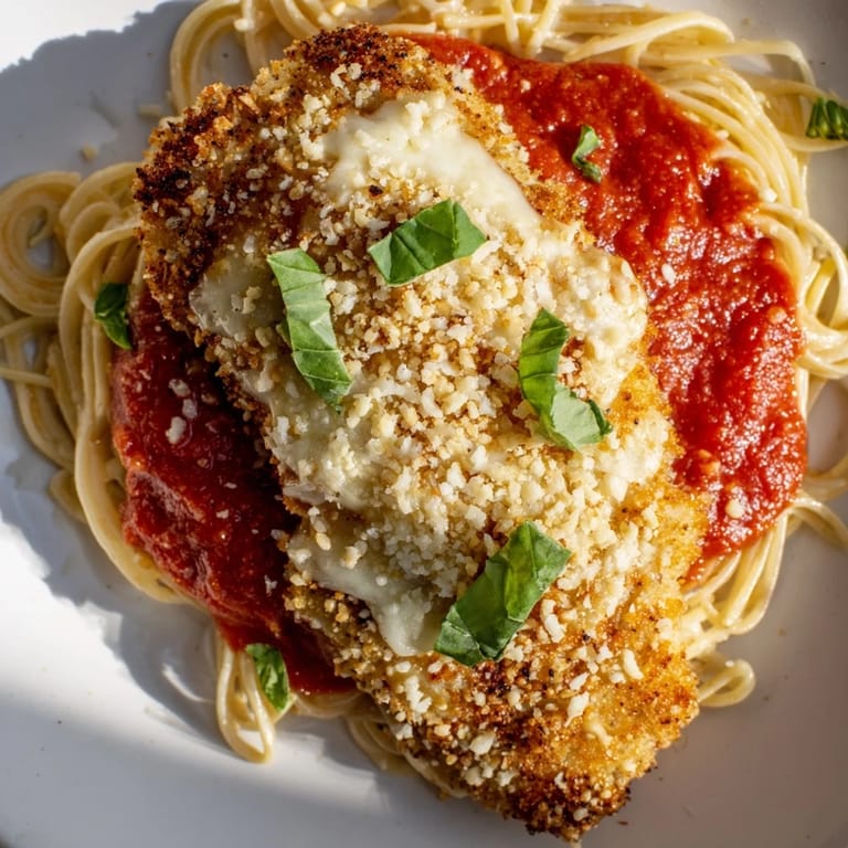 A close-up of a baked Chicken Parmesan: crispy breaded chicken, tangy sauce, and melted mozzarella cheese.