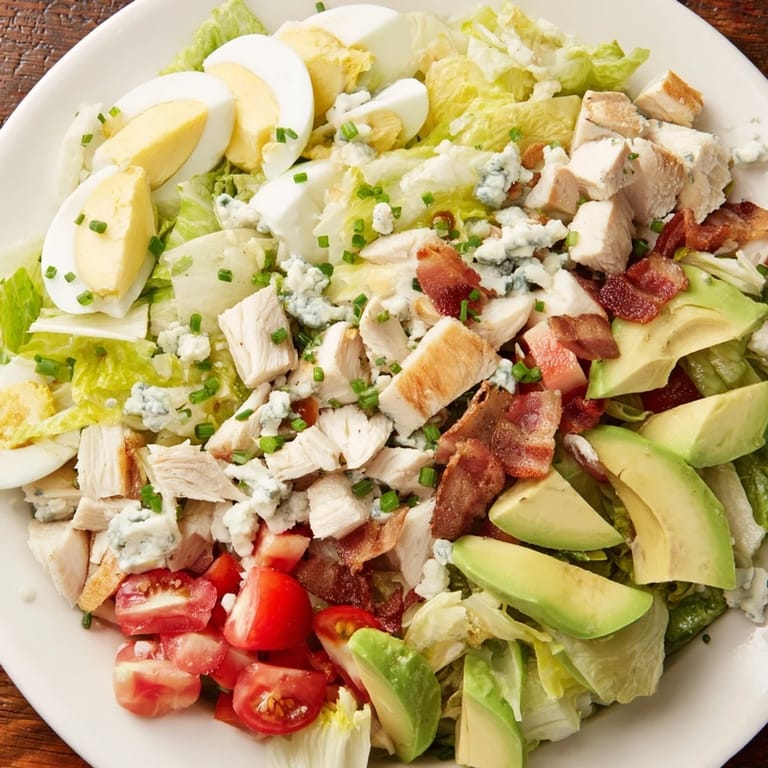 Delicious and colorful homemade Cobb Salad with grilled chicken and fresh tomato slices, ready to serve.
