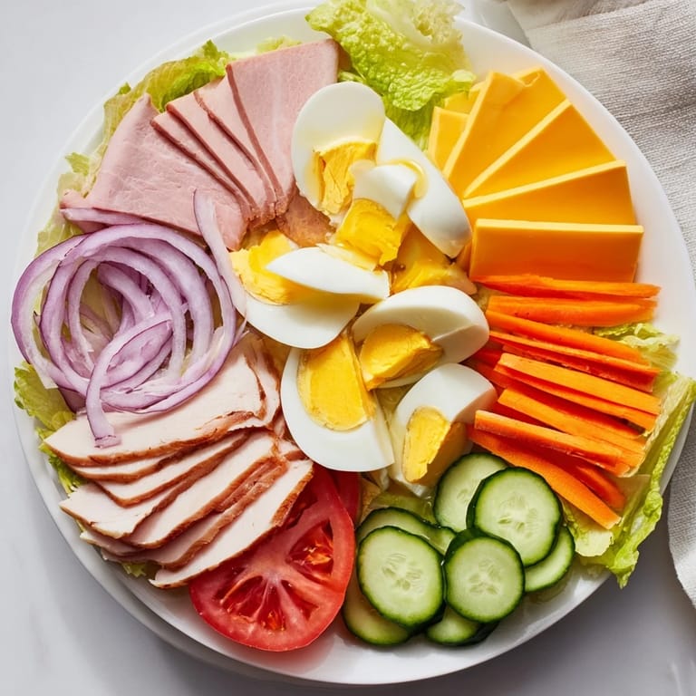 A vibrant chef salad: sliced ham, turkey, cheese, and vegetables artfully arranged on crisp lettuce, perfect for lunch.