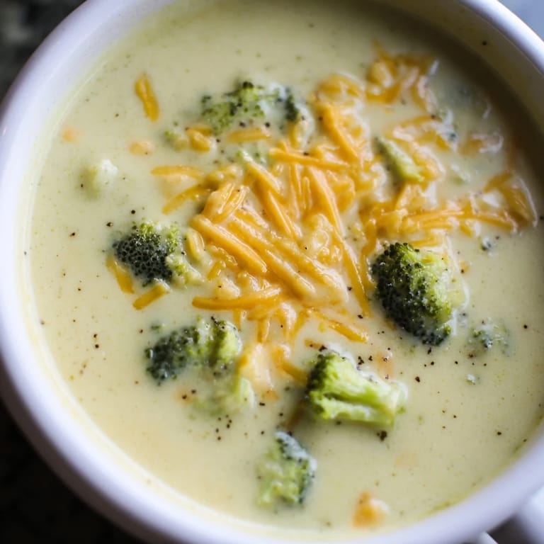 Creamy, vibrant Broccoli Cheese Soup with chunks of broccoli and topped with shredded cheese.