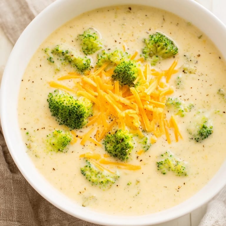 A comforting close-up of cheesy Broccoli Cheese Soup, its savory aroma filling the air.