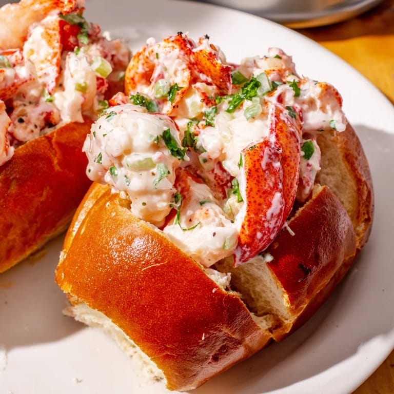Close-up of a flavorful, buttery Maine lobster roll on a toasted split-top roll.