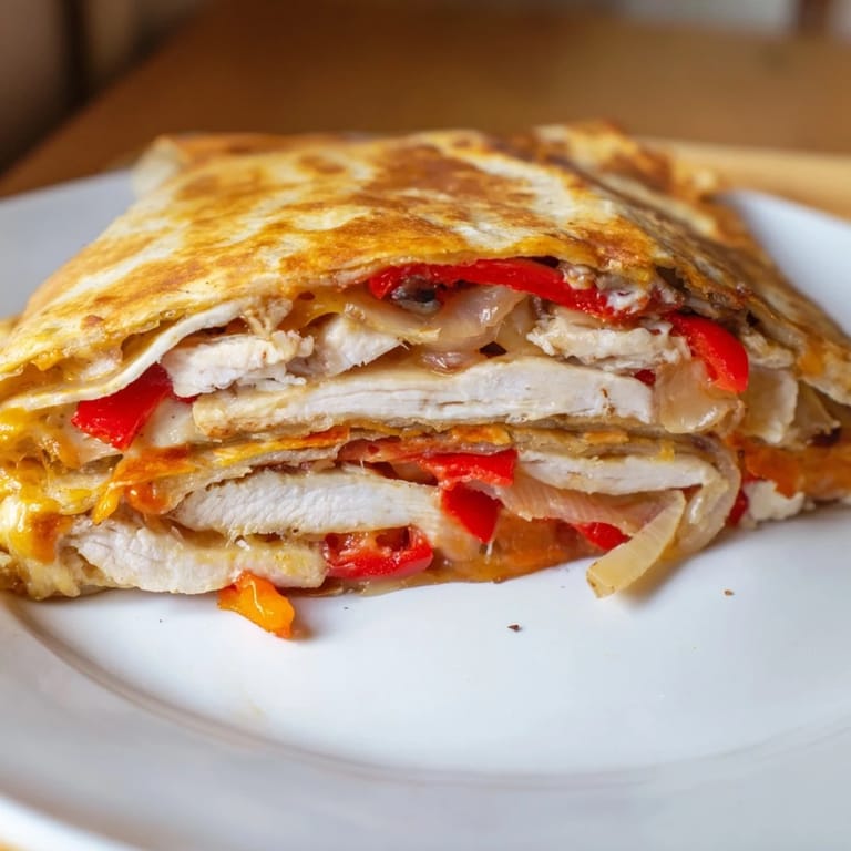 Savory Chicken Quesadilla wedges, showcasing grilled chicken and colorful peppers, perfect with salsa and sour cream.