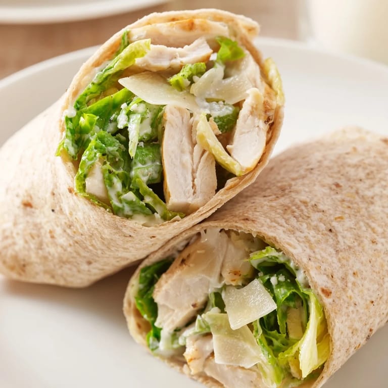Close-up of a Chicken Caesar Wrap, with fillings spilling out, promising a delightful, flavorful lunch.
