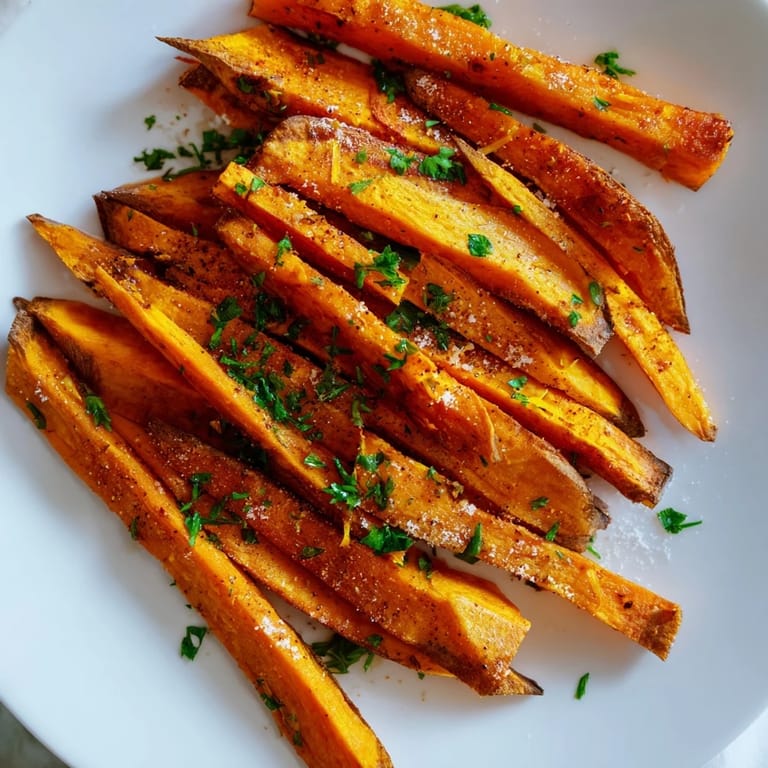 Oven-baked sweet potato fries, seasoned and sizzling, an easy American favorite for dinner.
