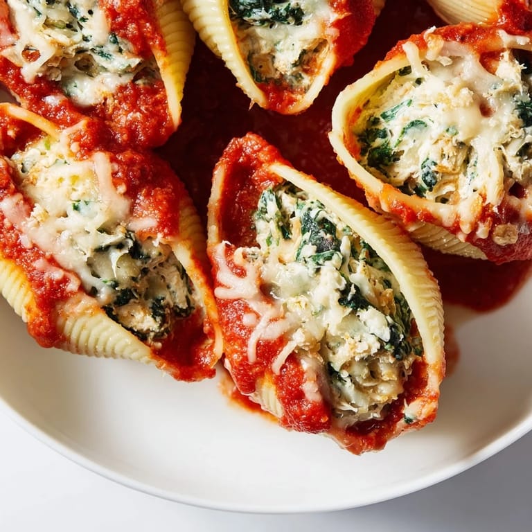 A close-up of baked Stuffed Shells, showcasing creamy ricotta and spinach filling bursting from pasta.