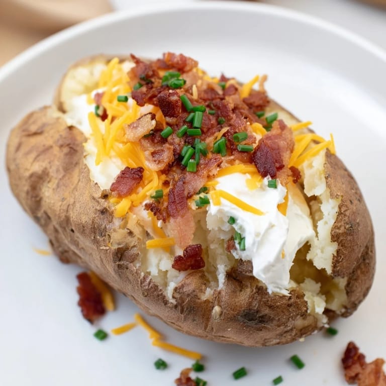 Steaming hot Loaded Baked Potato, with melted cheese and crisp bacon, a classic American comfort food.