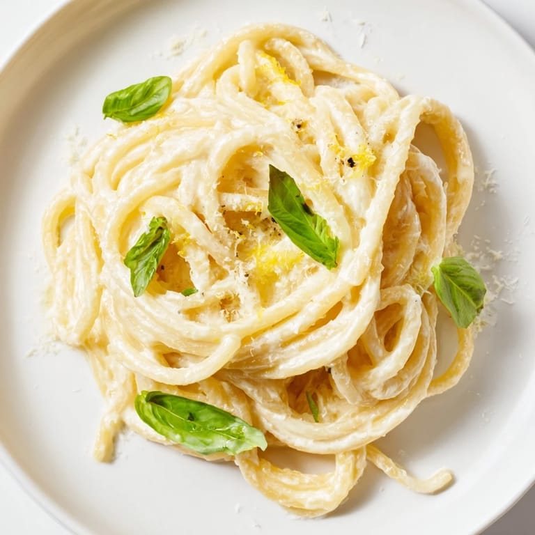A close-up view of Lemon Ricotta Pasta garnished with fresh basil, Parmesan, and a wedge of lemon.  