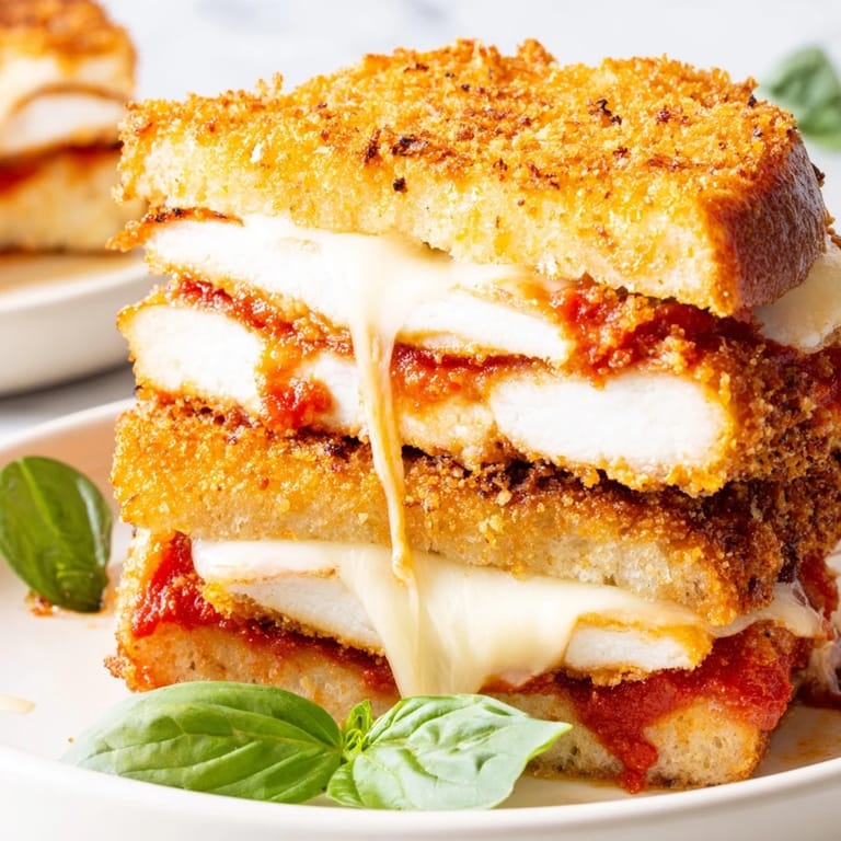 Savory Chicken Parm Grilled Cheese sandwich, stacked with zesty marinara sauce, gooey mozzarella, and crispy breaded chicken on buttery sourdough.