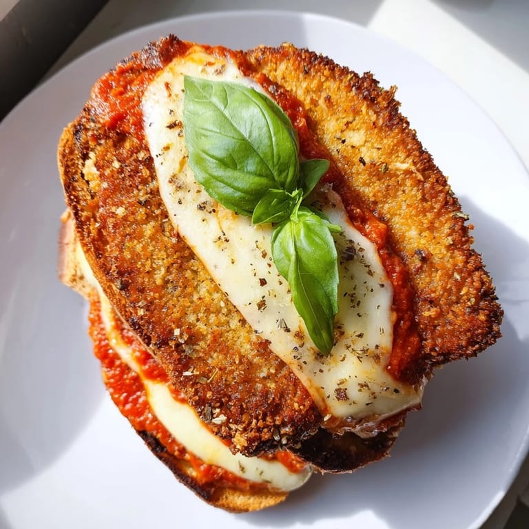 Homemade Chicken Parm Grilled Cheese sandwich, featuring crunchy panko chicken, warm marinara, and melted mozzarella, served with a side of chips.