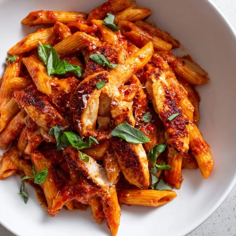 A close-up of Spicy Tomato Chicken Pasta, featuring al dente penne tossed in zesty tomato sauce with juicy chicken pieces.