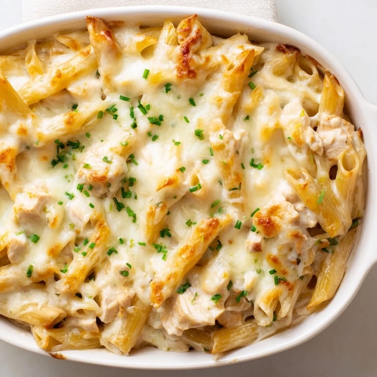 A slice of homemade chicken ranch pasta bake reveals cheesy, creamy sauce and golden baked edges.
