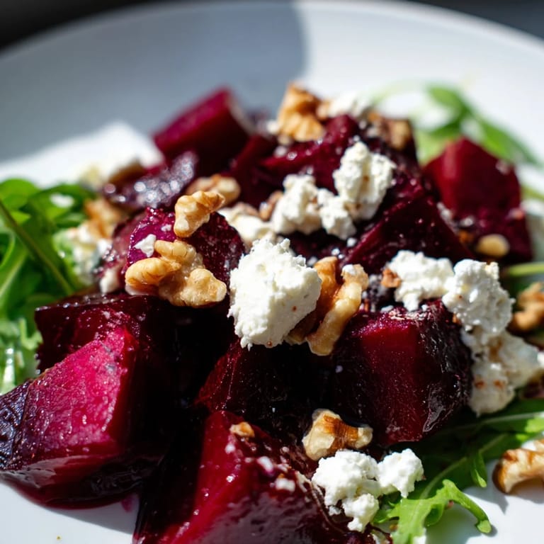 Roasted Beet Goat Cheese Salad featuring tender beets, tangy goat cheese, crunchy walnuts, and arugula tossed in a sweet balsamic vinaigrette.