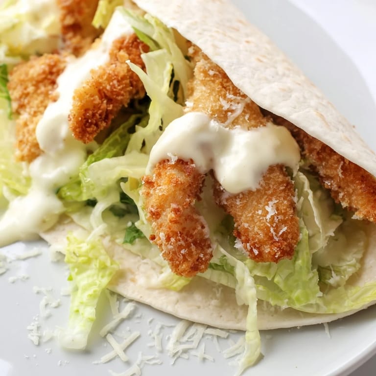 A close-up view of the Crispy Chicken Caesar Wrap, highlighting the crunchy chicken and creamy Caesar dressing inside.