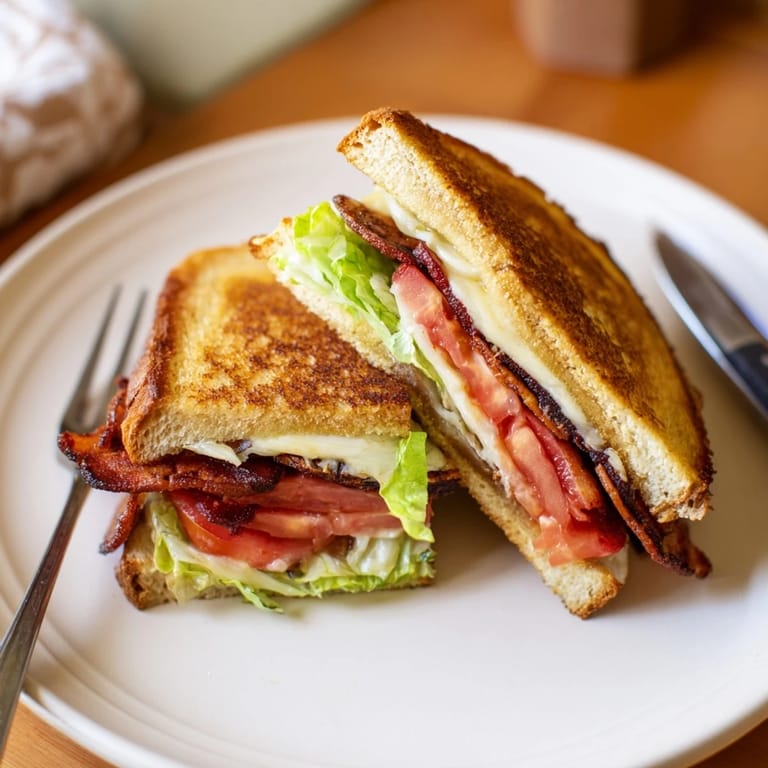 Two halves of a toasted Vegan Bacon BLT Grilled Cheese, revealing layers of smoky tempeh bacon, crisp lettuce, and ripe tomato.