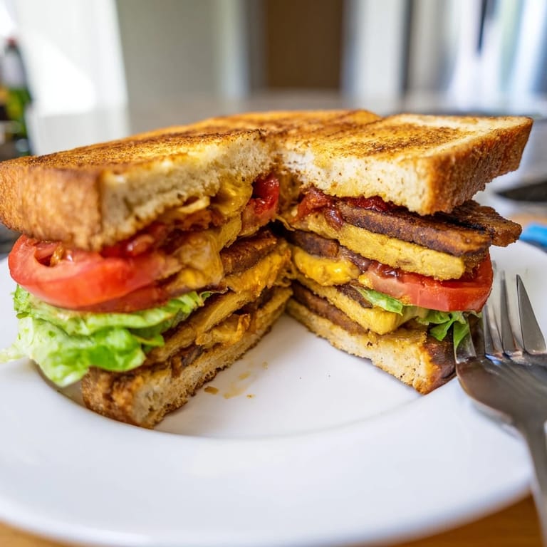 A warm, handheld Vegan Bacon BLT Grilled Cheese held against a rustic wooden table, perfect for a cozy lunch.
