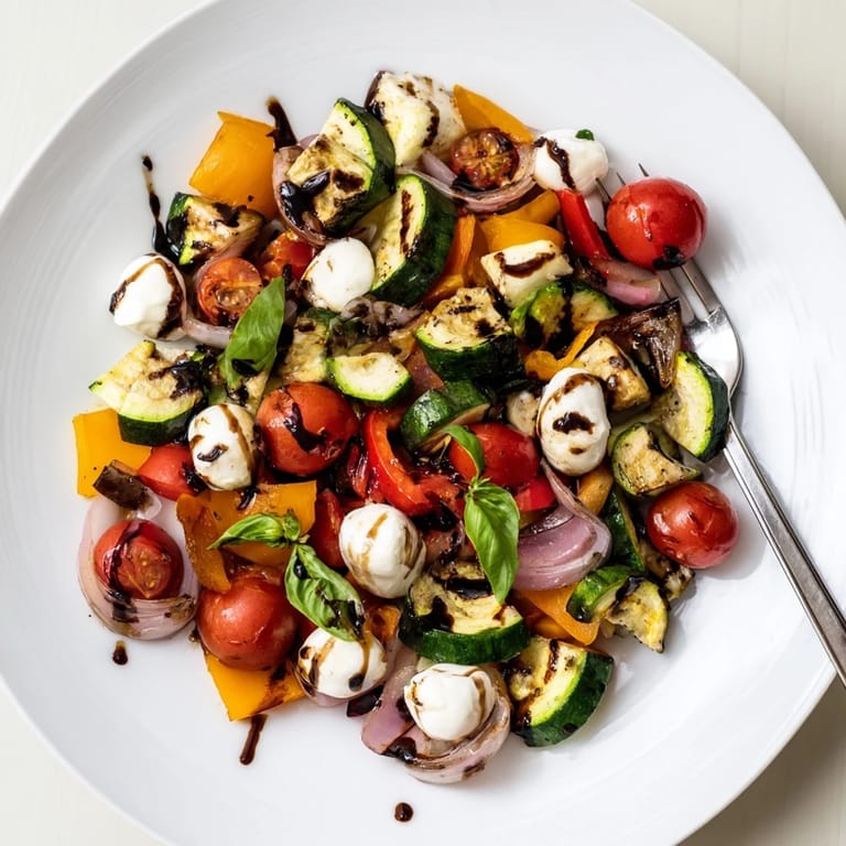 Roasted veggie Caprese salad drizzled with balsamic glaze, featuring colorful tomatoes and onions for a perfect Italian-inspired dinner.