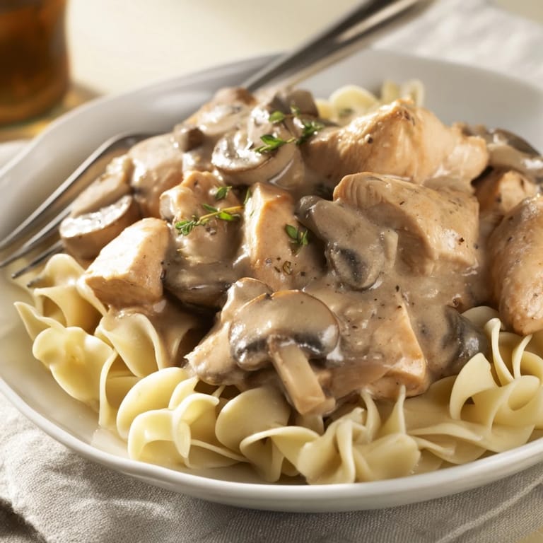 Hearty chicken and mushroom stroganoff spooned over buttery egg noodles, perfect for a cozy family meal.
