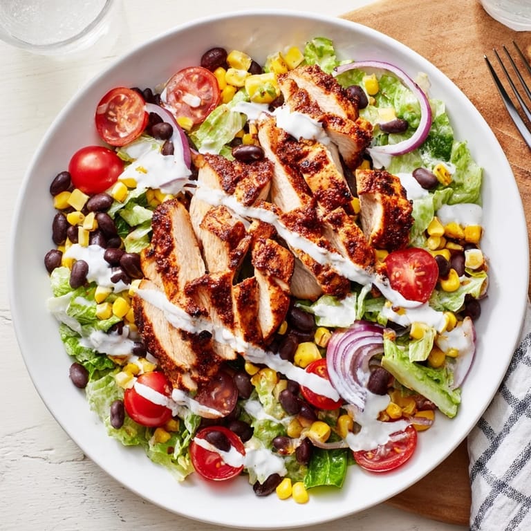 Top-down view of BBQ Chicken Salad featuring vibrant cherry tomatoes, red onion, and avocado, served chilled in a rustic bowl for summer gatherings.