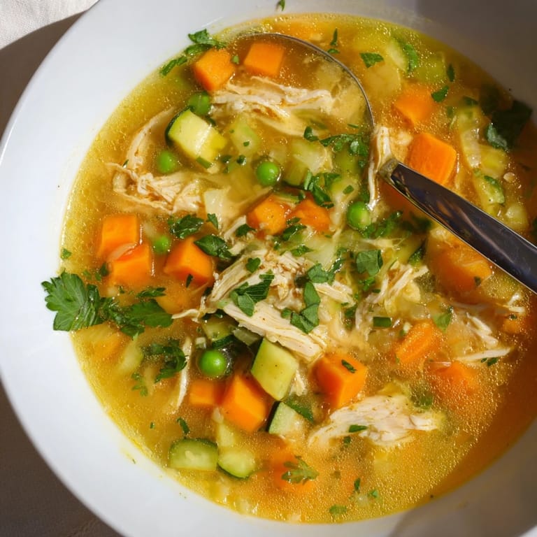 Hearty Spring Garden Chicken Soup ladle-ready with vibrant zucchini and celery, served alongside crusty bread for dipping.