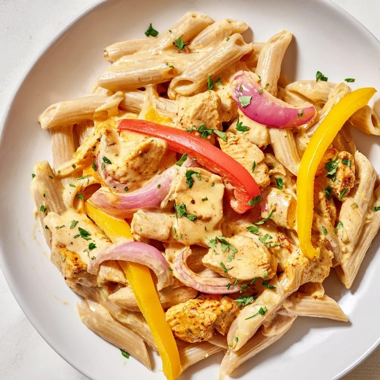 A low-calorie Cajun pasta dish served in a white bowl, garnished with fresh parsley and a lemon wedge for a bright, zesty finish.  