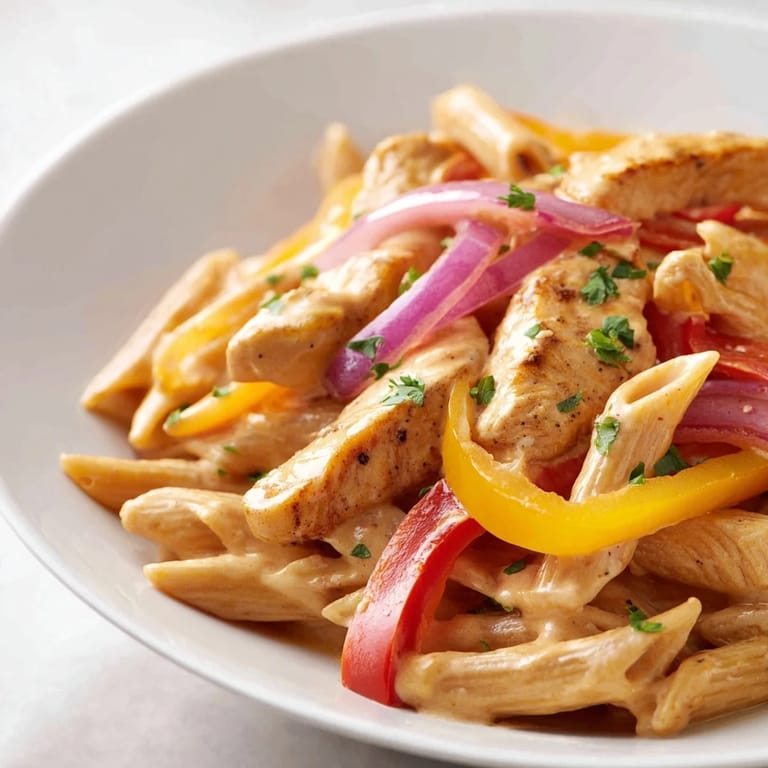 Hearty skillet of Creamy Cajun Chicken Pasta Lite with sautéed red onion, garlic, and reduced-fat cheese sauce for a healthier comfort meal.