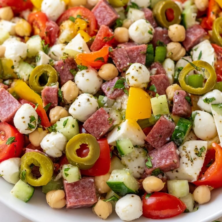Fork-ready Crunchy Antipasto Chopped Salad featuring crisp vegetables, pepperoncini, and black olives with fresh basil and parsley garnish.