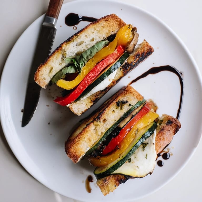 A close-up view of a crispy grilled cheese sandwich layered with roasted zucchini, peppers, mozzarella, and ripe tomato slices.