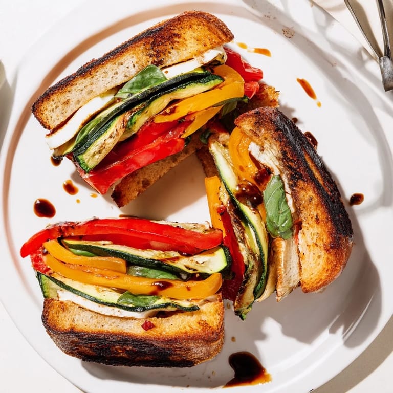 Two golden grilled cheese sandwiches on a plate, featuring roasted vegetables and melted mozzarella, perfect for a vegetarian lunch.