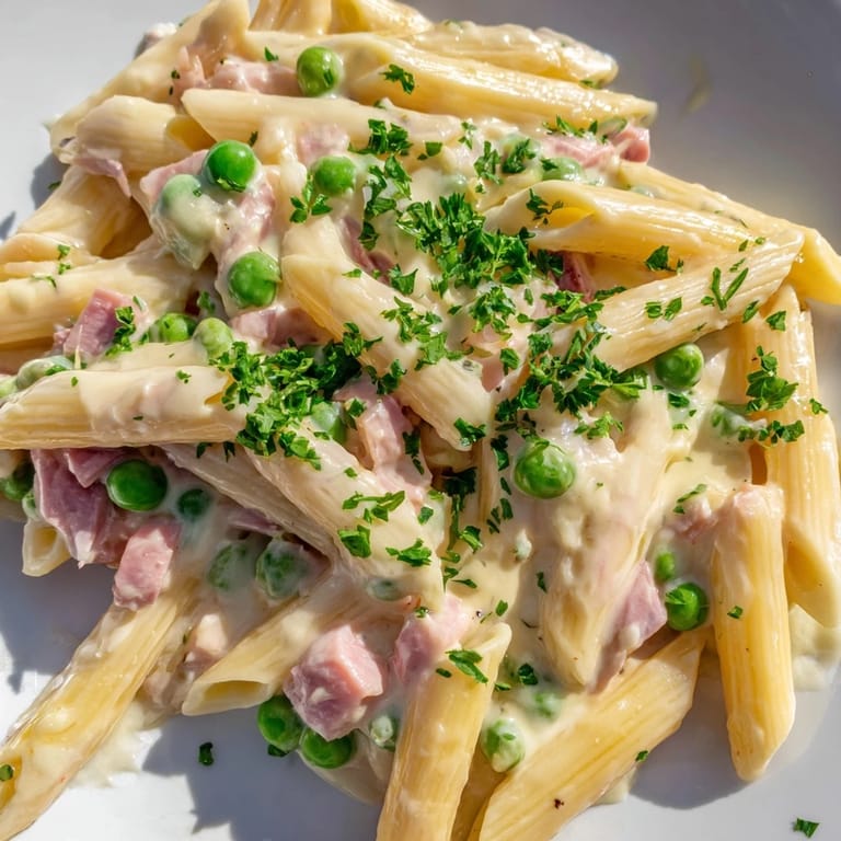 Hearty Spring Pea & Ham Pasta on a plate, garnished with fresh parsley and extra Parmesan for a comforting March meal.