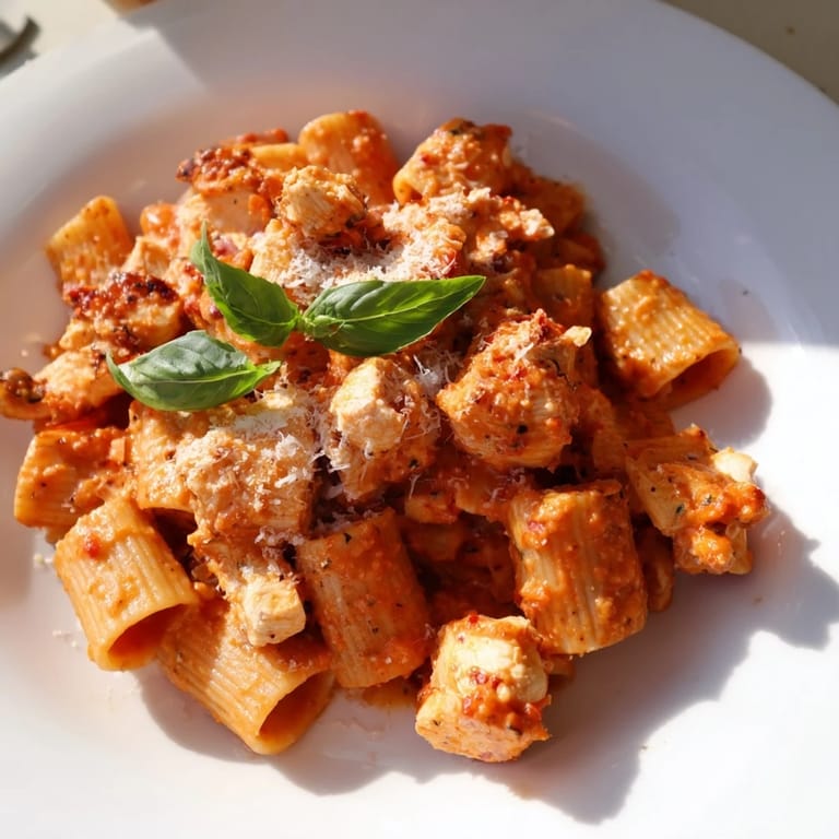 Colorful bowl of tomato basil chicken pasta with golden chicken, ripe tomatoes, and fresh basil on a rustic table.