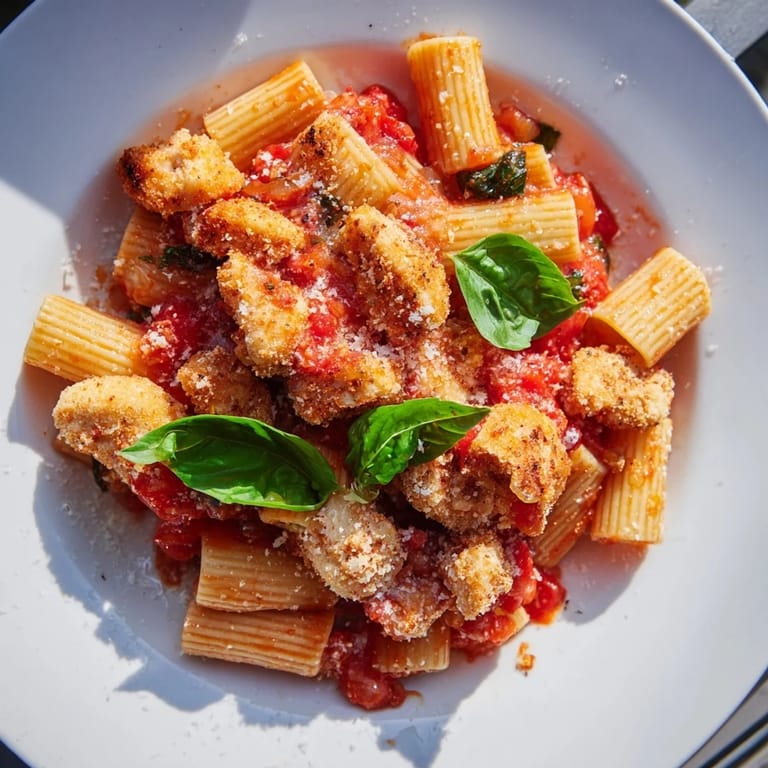 A close-up of juicy tomato basil chicken pasta, steam rising from a flavorful, saucy skillet ready to serve.