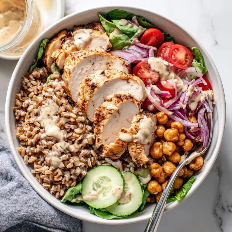 Juicy chicken slices and golden chickpeas top hearty farro with fresh veggies and a tangy tahini drizzle.