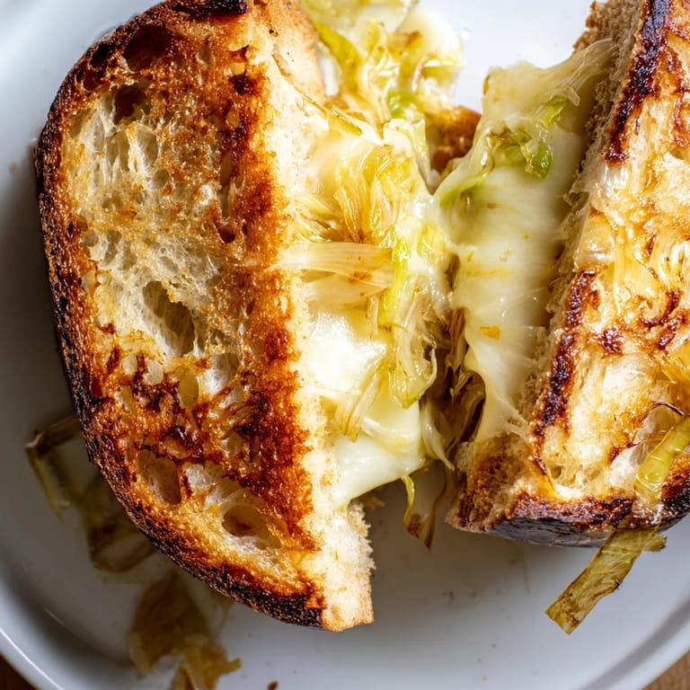 Steaming Havarti & Caramelized Leek Grilled Cheese rests beside a bright salad and bowl of tomato soup.
