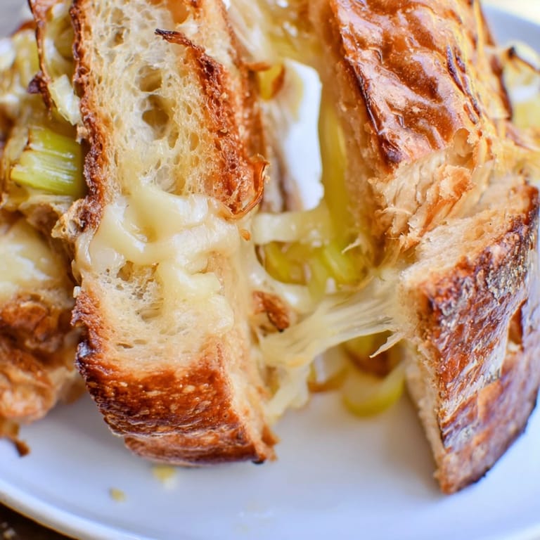 Buttery sourdough Havarti & Caramelized Leek Grilled Cheese sandwich, featuring sweet leeks and melted cheese, sliced in half.
