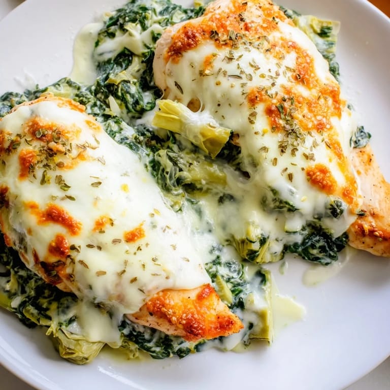 Tender chicken breasts topped with creamy spinach, artichokes, and melted mozzarella cheese for a comforting meal.