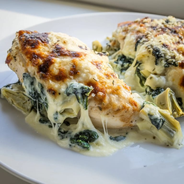Golden, bubbly Spinach & Artichoke Chicken Bake fresh from the oven, served over fluffy white rice.