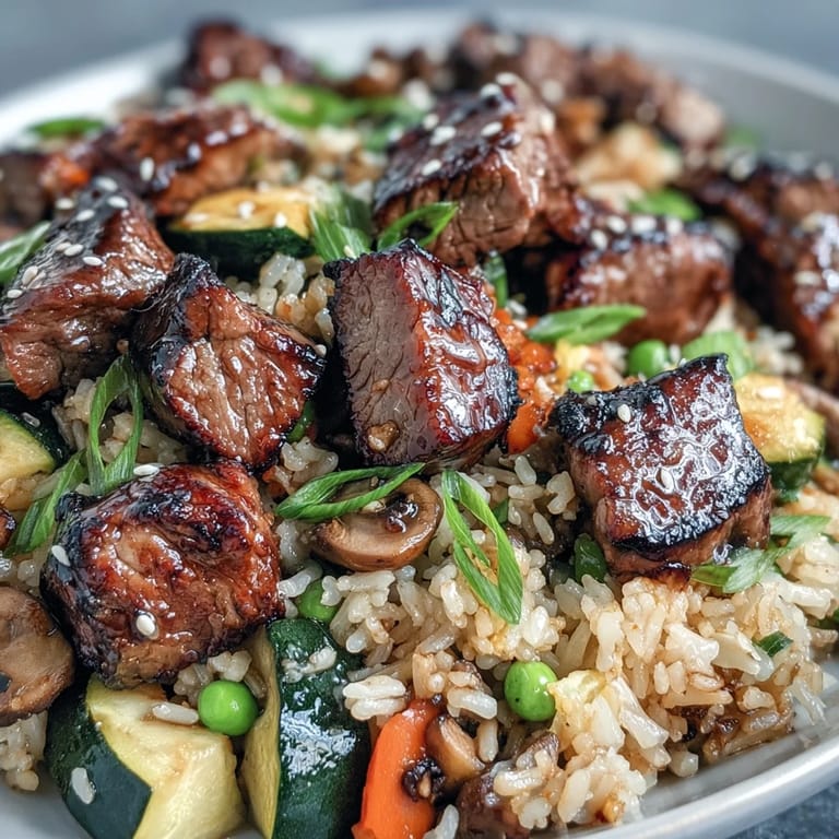 Close-up view of Easy Hibachi Steak With Fried Rice revealing golden seared steak pieces, scrambled eggs, green peas, and diced carrots mixed into crispy fried rice, garnished with fresh green onions and sesame seeds.