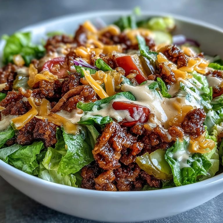 Enjoy a quick, gluten-free Easy Big Mac in a Bowl, perfect for a satisfying low-carb lunch or dinner.