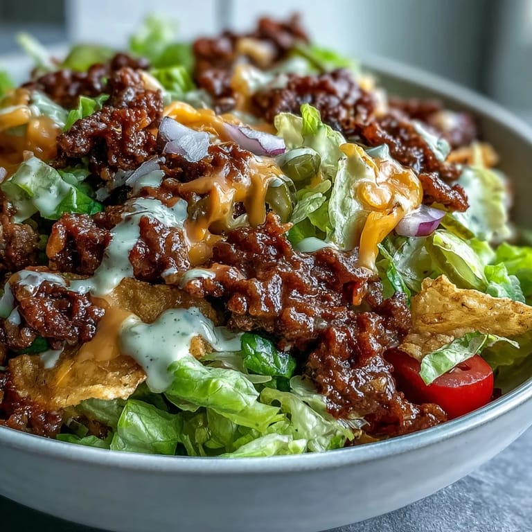 This Easy Big Mac in a Bowl features shredded cheddar and pickles, drizzled with a creamy homemade special sauce.