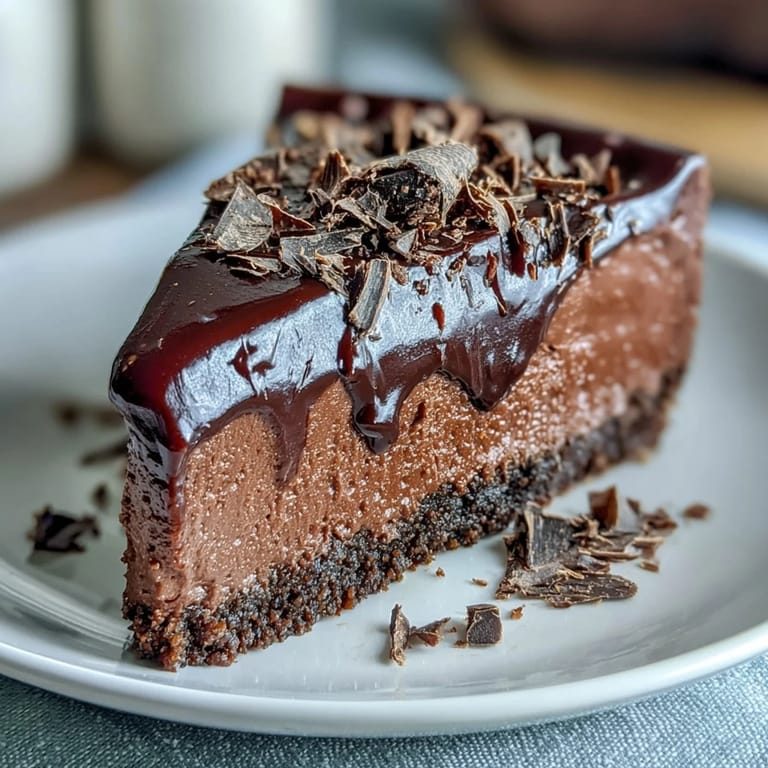 Homemade chocolate cottage cheese cheesecake with a graham cracker cocoa crust and fresh berries arranged around the plate.