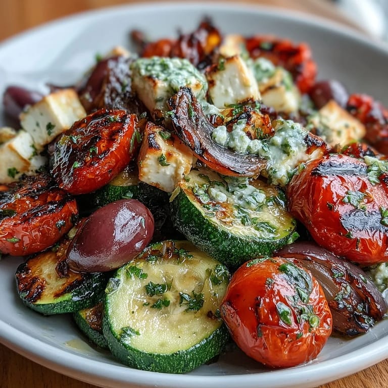 Warm roasted Mediterranean vegetables arranged over crisp cucumber slices for a vibrant, hearty salad bowl.